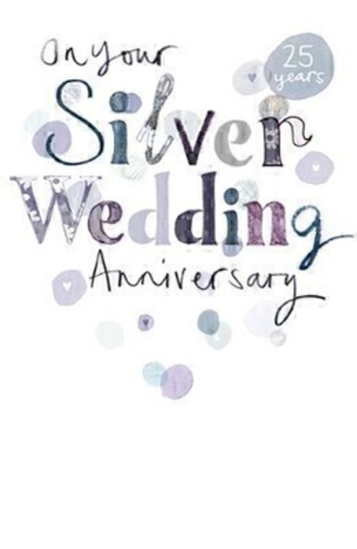 This Silver Wedding Anniversary greetings card from Paper Rose is decorated with silver dots and hearts and has On Your Silver Wedding Anniversary written in silver. The card is perfect to send to someone celebrating their 25th Wedding Anniversary and it has Congratulations on 25 Years Together written on the inside. Comes complete with an envelope.